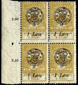 Romania Hungary 1919 Orad FLOOD  RELIEF 1Leu/2 FILL , MNH,OG,GENUINE bl 4 margin - Picture 1 of 1