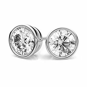 Sterling Silver 925 Silver / Gold Bezel Round CZ Stud Earrings Push Back 3mm-7mm - Picture 1 of 6