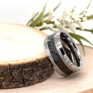 10MM Silver Tungsten Engraved Ring black Checker Carbon Fiber Inlay Fashion Band - Picture 1 of 3