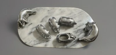 Bandeja de prata de mármore com cabo de porco Arthur Court vintage com 4 anéis de guardanapo - Imagem 1 de 4