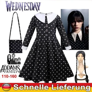 Wednesday The Addams Family Cosplay Kostüm Karneval Kinder Kleid Tasche Perücke^ - Bild 1 von 21