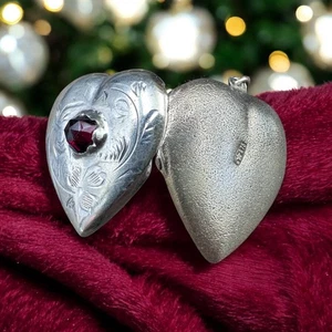 60er Antik Schmuck Denkmal Silber 875 ANHÄNGER Herz Vintage Böhmischer Granat Stein - Bild 1 von 19