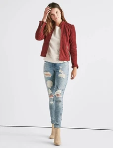 LUCKY BRAND Cranberry Puff Sleeve Moto Real Suede Jacket Small Zipper Details - Picture 1 of 7