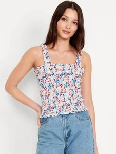 NWT Old Navy Smocked Floral Tank Top Womens L Tall Ruffle Straps Ruched Bloom  - Picture 1 of 3