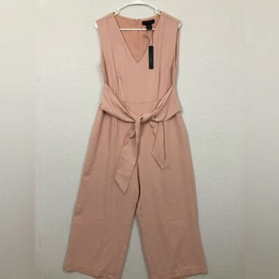 New Tahari Beige/Pink V-Neck Tie Front Crop Jumpsuit size 8 - Image 1 of 4