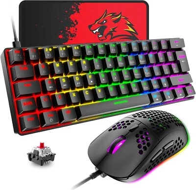 T60 UK Layout 60% Mechanical Keyboard and Mouse Set, Compact 62 Keys Mini Wired - Image 1 of 4