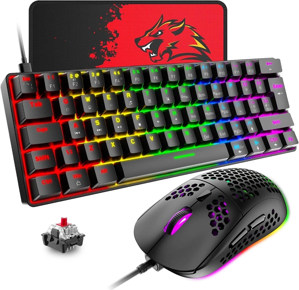 T60 UK Layout 60% Mechanical Keyboard and Mouse Set, Compact 62 Keys Mini Wired - Image 1 of 4