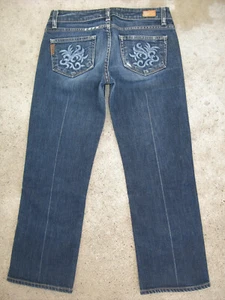Paige Laurel Canyon Crop Jeans Wm Sz 26 Blue Distressed Flower Pockets L22.75 - Picture 1 of 9