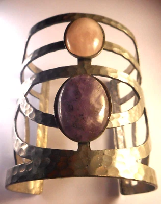 Artisan Wide Open Hammered Silvertone Gemstone Cuff Bracelet - Image 1 of 4