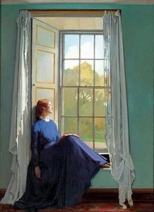 Art Postcard: Woman in Blue Dress at Window seat - Irish artist William Orpen - Picture 1 of 2