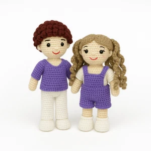 Crochet Soft Amigurumi Sibling Plush Amigurumi Doll Set – Boy & Girl in Purple - Picture 1 of 12