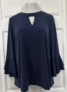 Charter Club XL Navy Blue Ruffle Sleeve Stretch Crepe Blouse Tunic Top Keyhole - Picture 1 of 11