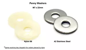 Penny Rondelle M7 x 22 mm Nylon 66 o A2 Acciaio Inox DIN9021 Consegna Gratuita Regno Unito - Foto 1 di 7