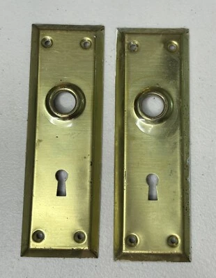 2 Vtg Antique Door Backplate Pressed Steel Reclaimed Arch Salvage 2.25 X 7 - Image 1 of 4