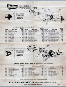 Heddon Scandia Mark IV, Model 90 & Mark II Model 80 Fishing Reel Parts List - Picture 1 of 2
