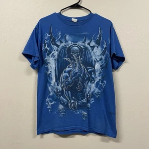 Vintage 2000s Y2K Demon Dragon Skull Art Graphic T Shirt Men's Large Faded Blue - Picture 1 of 7