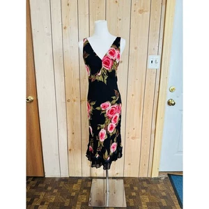 Increíble vestido de verano de cóctel asima estampado rosa sedoso negro Y2K de colección m/L - Imagen 1 de 7