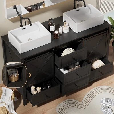 Mueble tocador de baño de 60 pulgadas doble recipiente fregadero lavabo moderno madera Foto 1 de 4