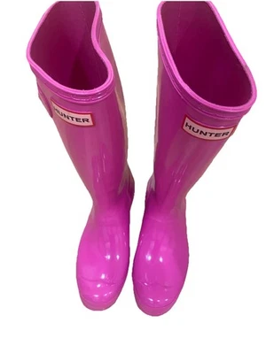 Botas da moda Hunter Original Meninas chuva rosa brilhante tamanho 5B Muito bom estado usado - Imagem 1 de 4
