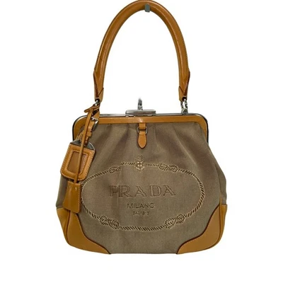 Prada Canapa Jacquard Canvas & Leather Frame Satchel Tote Bag Brown Tan Vintage - Image 1 of 4