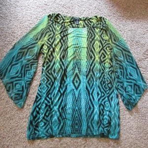 NWOT Style & Co 0X Green Black Chiffon Angel Tip Sleeve Tunic Blouse Longer - Picture 1 of 2