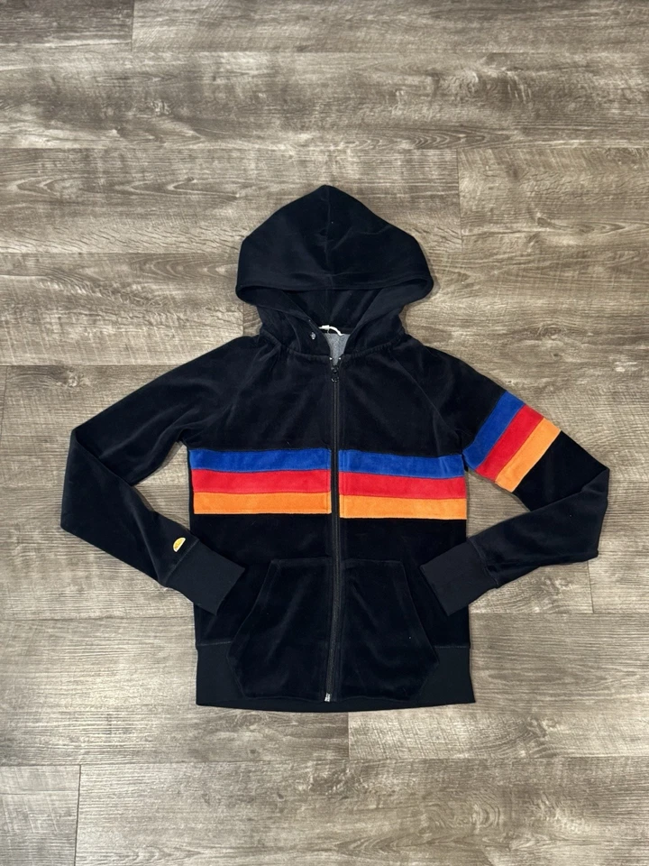 Moletom com capuz C&C California Y2K color block listra arco-íris veludo preto com zíper XS - Imagem 1 de 4