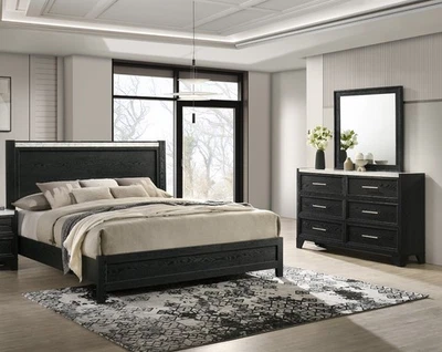 3pc Black Queen Size Panel Bed Dresser Mirror Set White Faux Marble Accent - Image 1 of 4