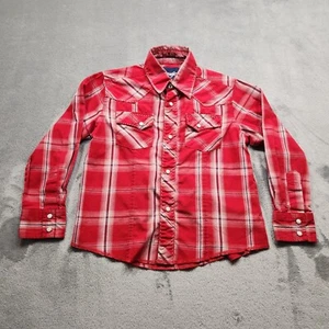 Wrangler Western Long Sleeve Plaid Pearl Snaps Shirt Red White Black Youth S - Picture 1 of 8