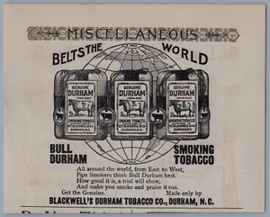 1892 Bull Durham Smoking Tobacco Vintage Ad Belts The World North Carolina - Picture 1 of 1