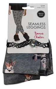Dog & Cat Print Seamless Fleece Lined Leggings with Diamond Choker Girls S/M - Picture 1 of 7