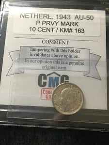 1943 Netherlands; 10 Cent, Coin Mart Graded**AU-50 Privy Mark**KM# 163 - Picture 1 of 8