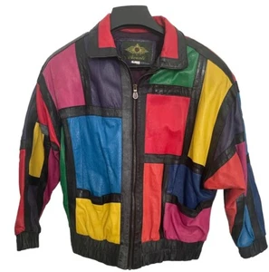 80s Vintage AVANTI Leather Multi Colored Jacket Womens Medium Retro Rubik's Cube - Picture 1 of 9