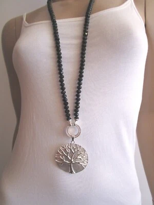 Hals Kette lang Perlen Silber Schwarz Strass Carrier Anhänger Lebensbaum Alu Neu - Bild 1 von 4