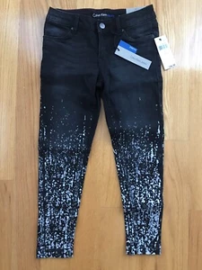 NEW Calvin Klein Jeans Girls Ultimate Skinny Stretch Black/Silver Jeans: Size 7 - Picture 1 of 9