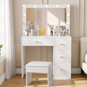 LED Vanity Desk w/11 Bulbs,4 Drawers, USB Charging,Stool - Makeup Dressing Table - Picture 1 of 7