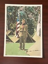 Vintage 1960's Colorized Photo of Boy Scout Standing Amidst Tents & U.S Flag