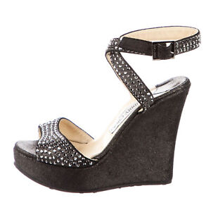 JIMMY CHOO 35 Pablo Anthracite Ankle Wrap Crystal Wedges 5 Worn 1x
