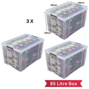 3 x 85L Airtight Stackable Plastic Home Office Storage Container Box Lock Lid - Picture 1 of 3
