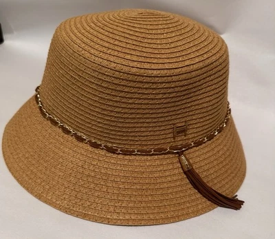 Halston Woven Straw Bucket Hat Chain Suede Tassel Tan Beach Resort Women's Pack - Image 1 of 4