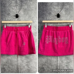 Playboy Minirock rosa Frottee Kängurutasche Kordelzug Strass Glitzer - Bild 1 von 8