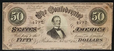 1864 $50 CONFEDERATE CIVIL WAR CURRENCY ~ JEFFERSON DAVIS ~ LOW SERIAL 4792 - Image 1 of 2