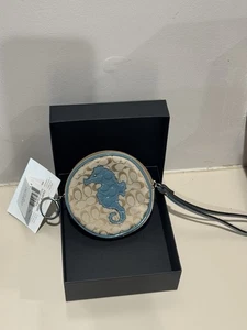 NWT Coach LT. Khaki Blue Signature C Appliq. Seahorse Coin Purse Keychain - Picture 1 of 7