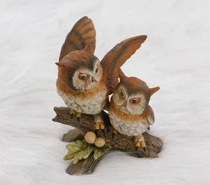 Owl Figurine Ceramic  2 Birds on a Log Pair of Owls - Picture 1 of 4