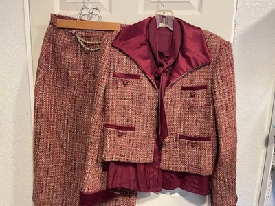 De Colección Nipon Coature 3 Piezas Falda Traje Top Granate tweed lana/seda talla 8 Foto 1 de 4