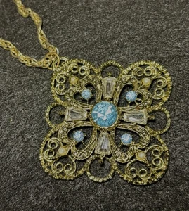 Vtg Blue Faceted Rhinestone Necklace Sarah Coventry Tag Pendant 24” Strong Chain - Picture 1 of 11