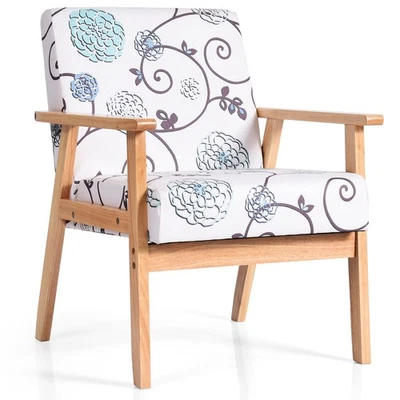 Sillón moderno de tela con patas de madera de goma blanco y azul floral Foto 1 de 4