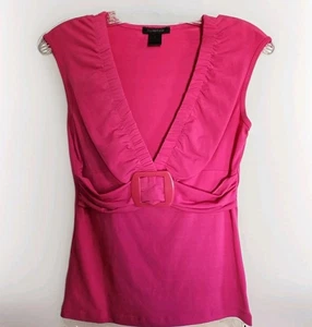 NEU Mod Retro Top M MY MICHELLE Pop Bold Hot Pink Stretch Strick Schärpe Schnalle V-Ausschnitt - Bild 1 von 7