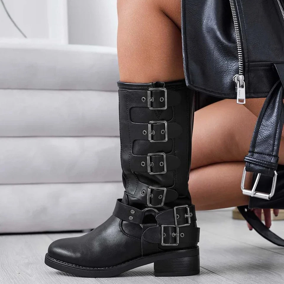 New Women's Buckle Mid-Calf Knee High Motorcycle Moto Biker Boots Low Block Heel - Image 1 of 1