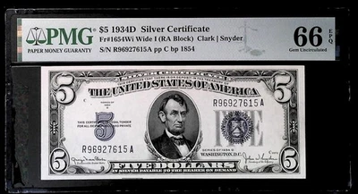 1934D 5 DOLLARE Wide i- Silver Certificate 1654Wi - PMG GEM 66EPQ - Image 1 of 2