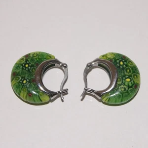 Murano Style Stainless Steel Millefiori Glass Hoop Earrings - Picture 1 of 6